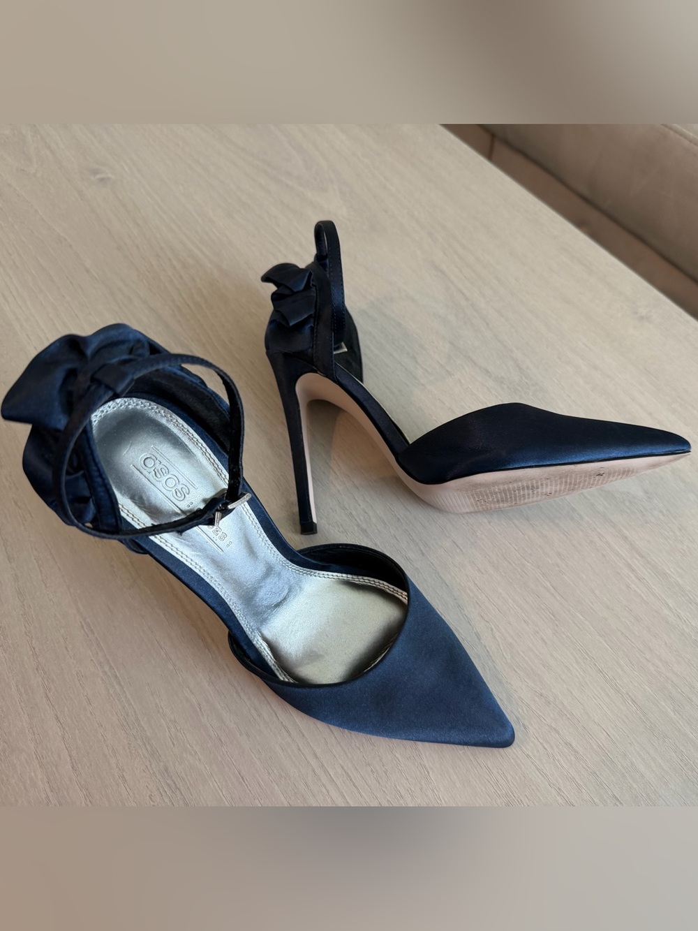 ASOS Navy Satin Pointed-Toe Ankle-Strap Heels with Ruffle Detail - Picture 4 of 8
